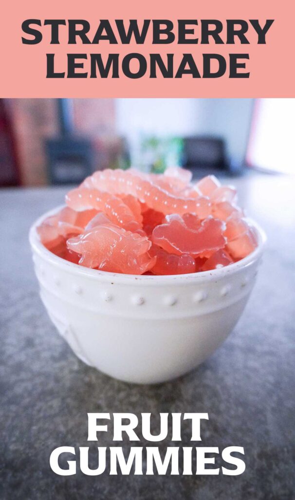 white glass bowl of strawberry lemonade homemade fruit gummy snacks