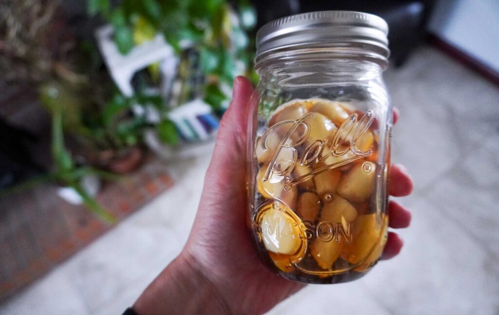 hand holding a jar of fermented honey garlic 