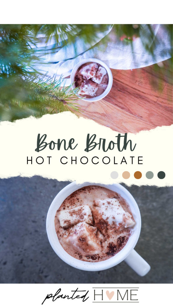 two pictures of bone broth hot chocolate with the text "bone broth hot chocolate"