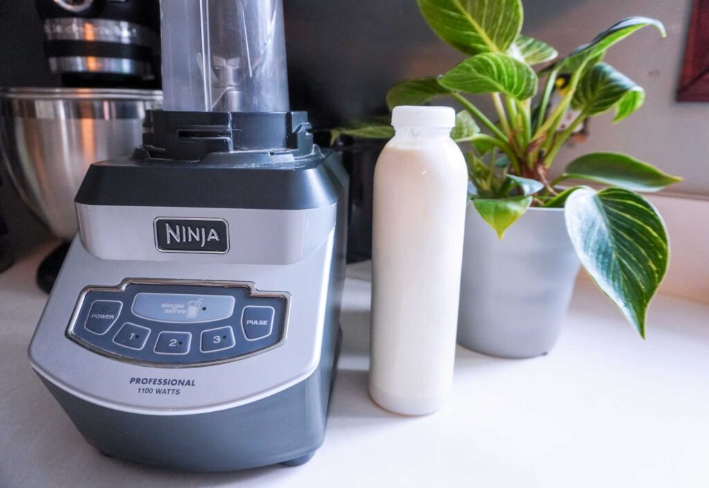 ninja blender next to a bottle of raw cream and a green plant