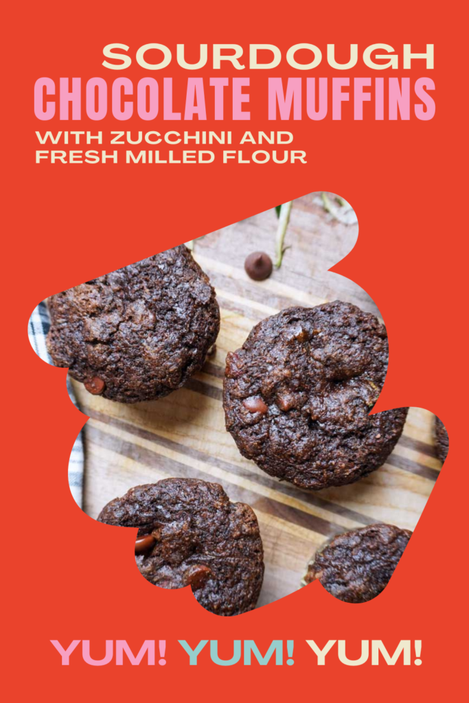 Image that says "sourdough chocolate muffins with zucchini and fresh milled flour"