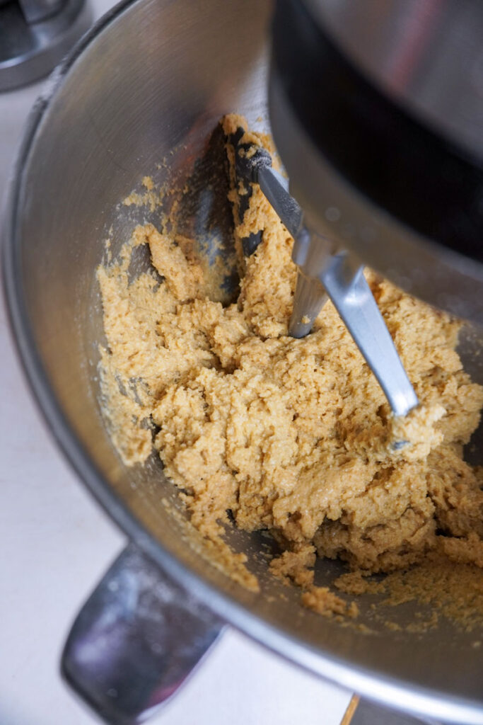 Fresh milled dinner roll dough in a kitchen aid mixer