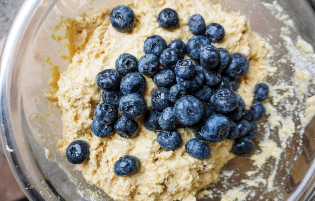 Fresh blueberries on top of quick bread batter