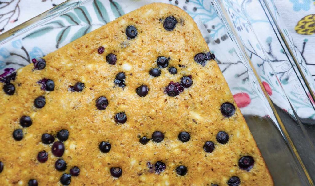 Close up view of a pan of blueberry cottage cheese breakfast bake