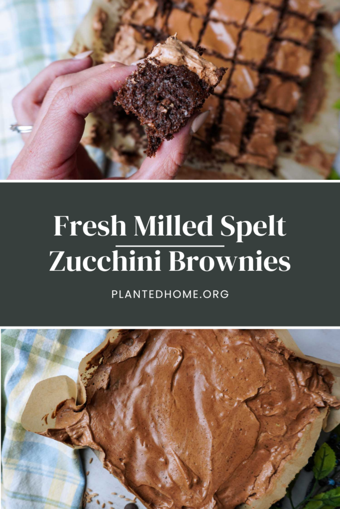 Two images of spelt zucchini brownies with text "fresh milled spelt zucchini brownies"