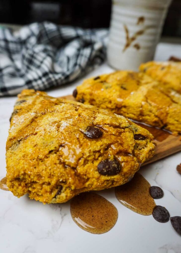 Close up vertical image of a chocolate chip pumpkin scone.